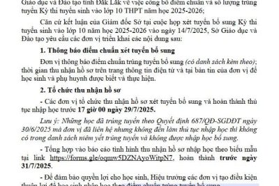Thông báo tuyển sịnh bổ sung lơp 10 năm học 2025-2026